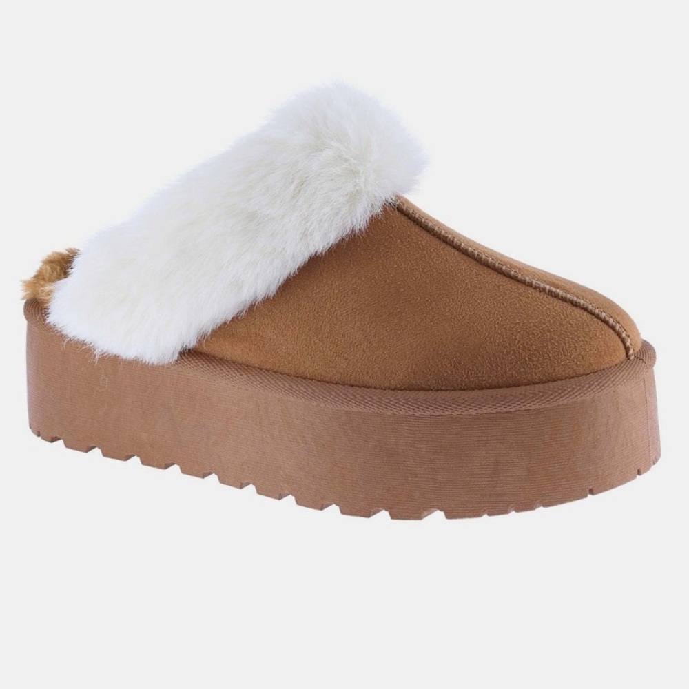 NWT Chestnut Brown Suede Faux Fur Trim + Lined Chunky Platform Clog Slippers